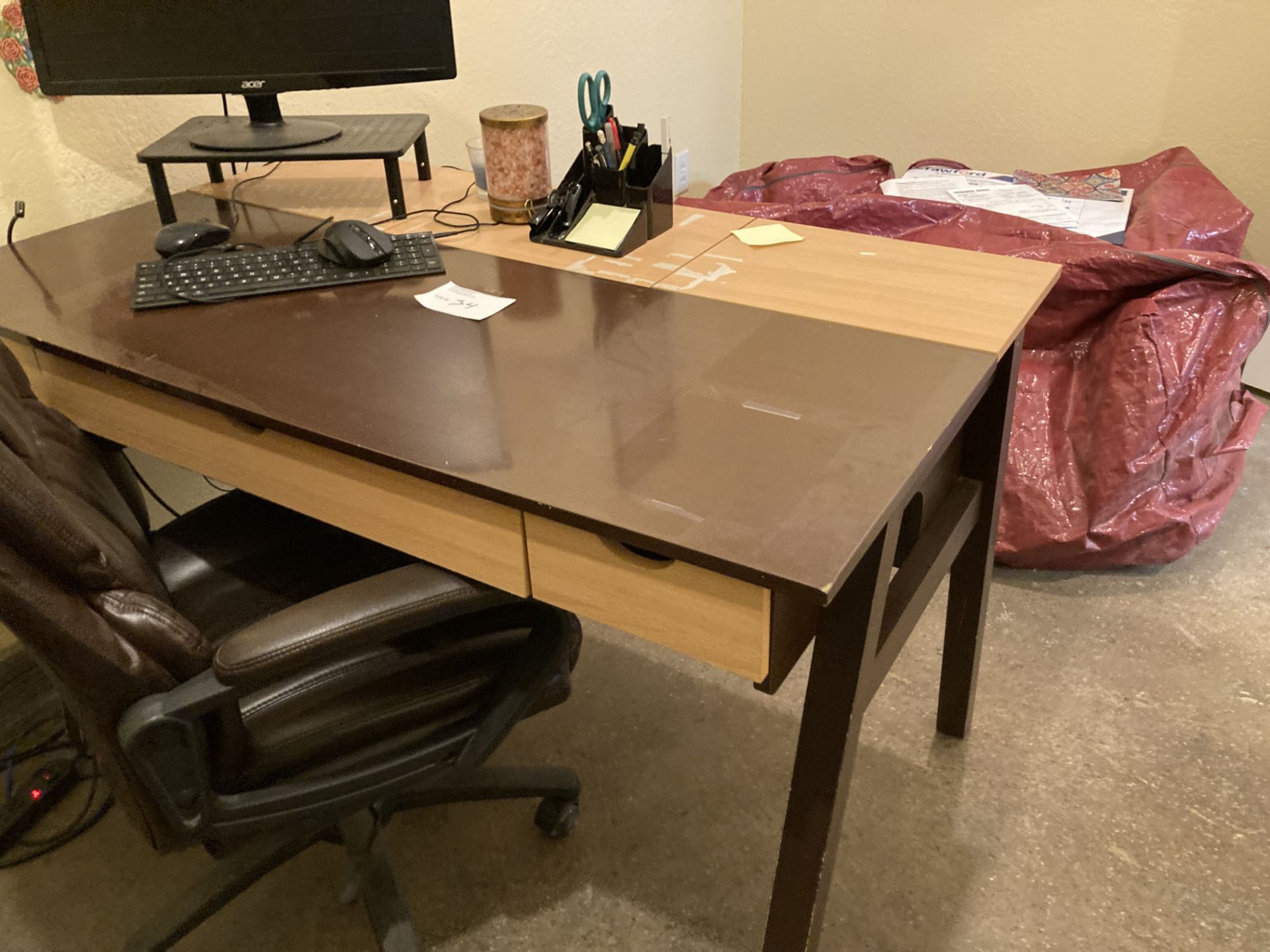 LOT OF: (1) Wood desk, (1) Acer monitor, and (1) chair, with contents