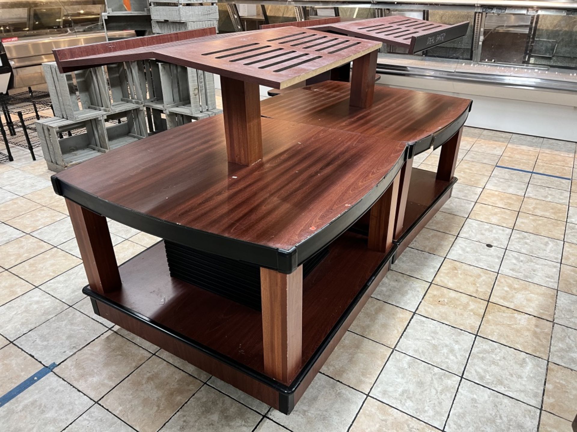 Lot of: (2) approximately 47” X 47” 2 tier wood laminate display tables w/ upper display shelving - Image 5 of 18