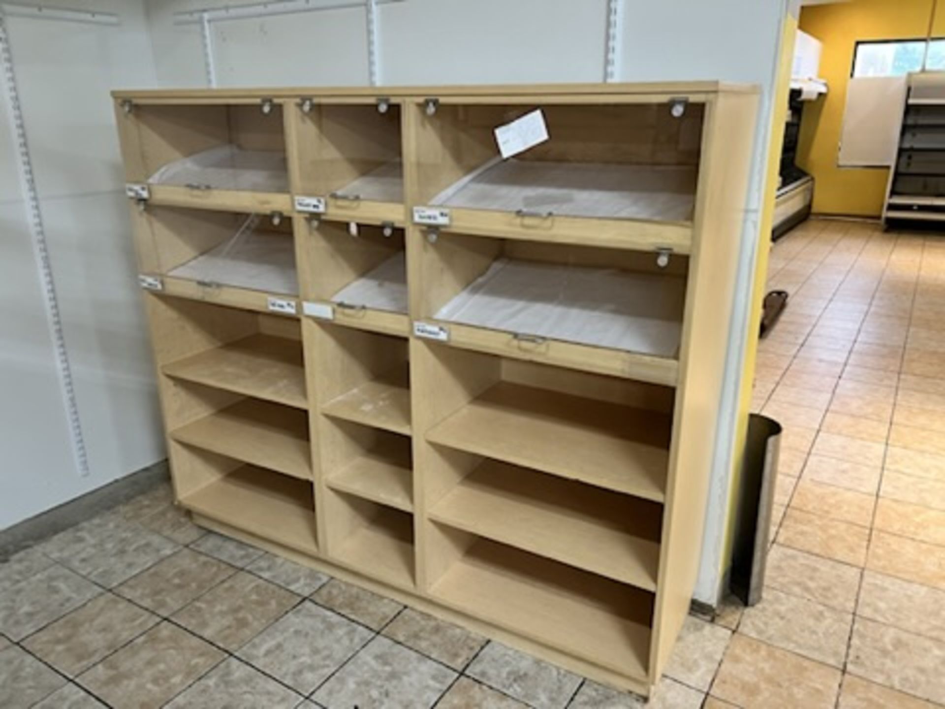 6’ Long X 62.5” X 20” wood shelving display w/ (6) plexiglass door fronts and (9) additional shelvi - Image 9 of 12