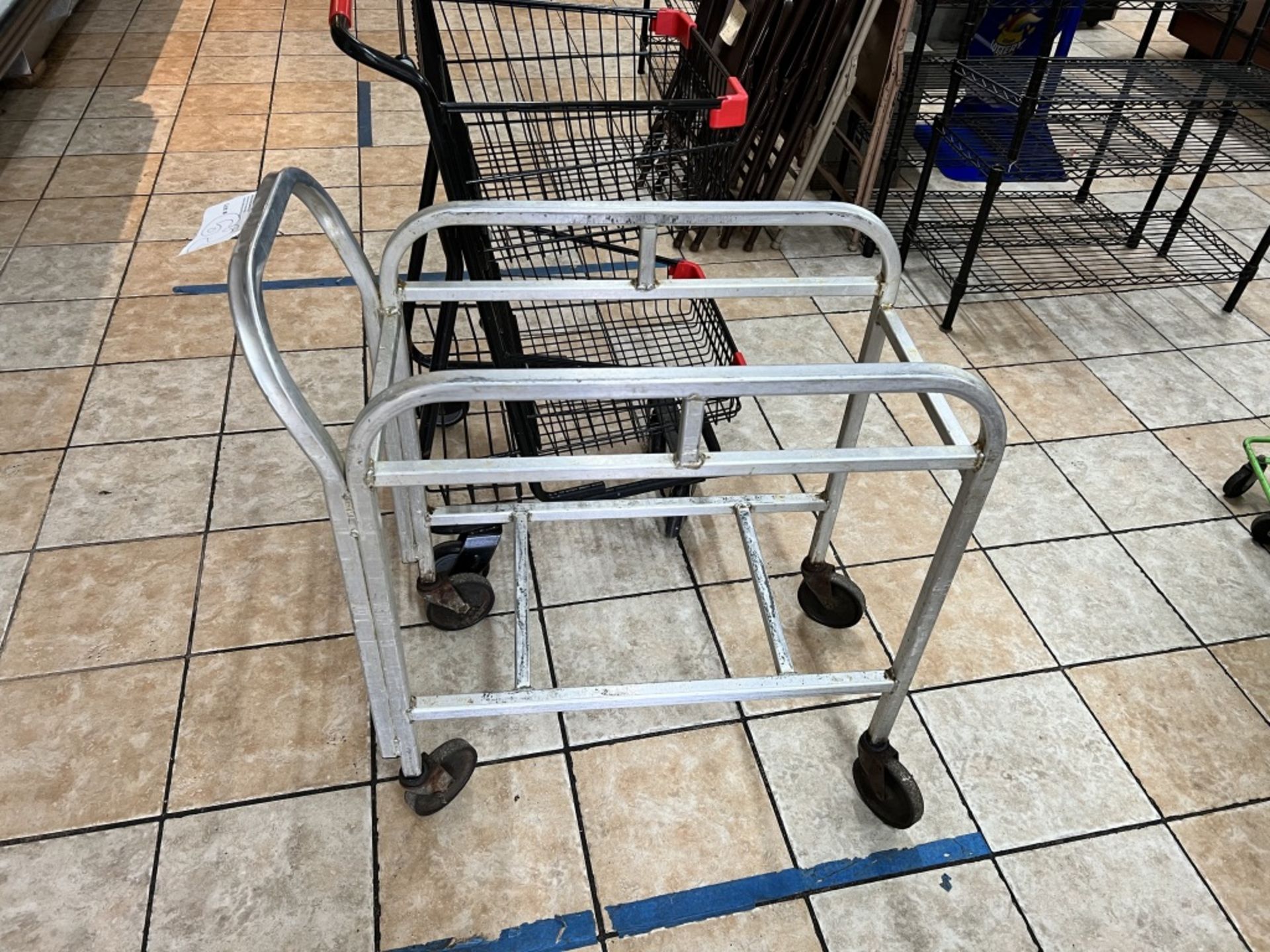 Lot of: (1) silver wheeled cart, and (1) grocery cart - Image 7 of 8