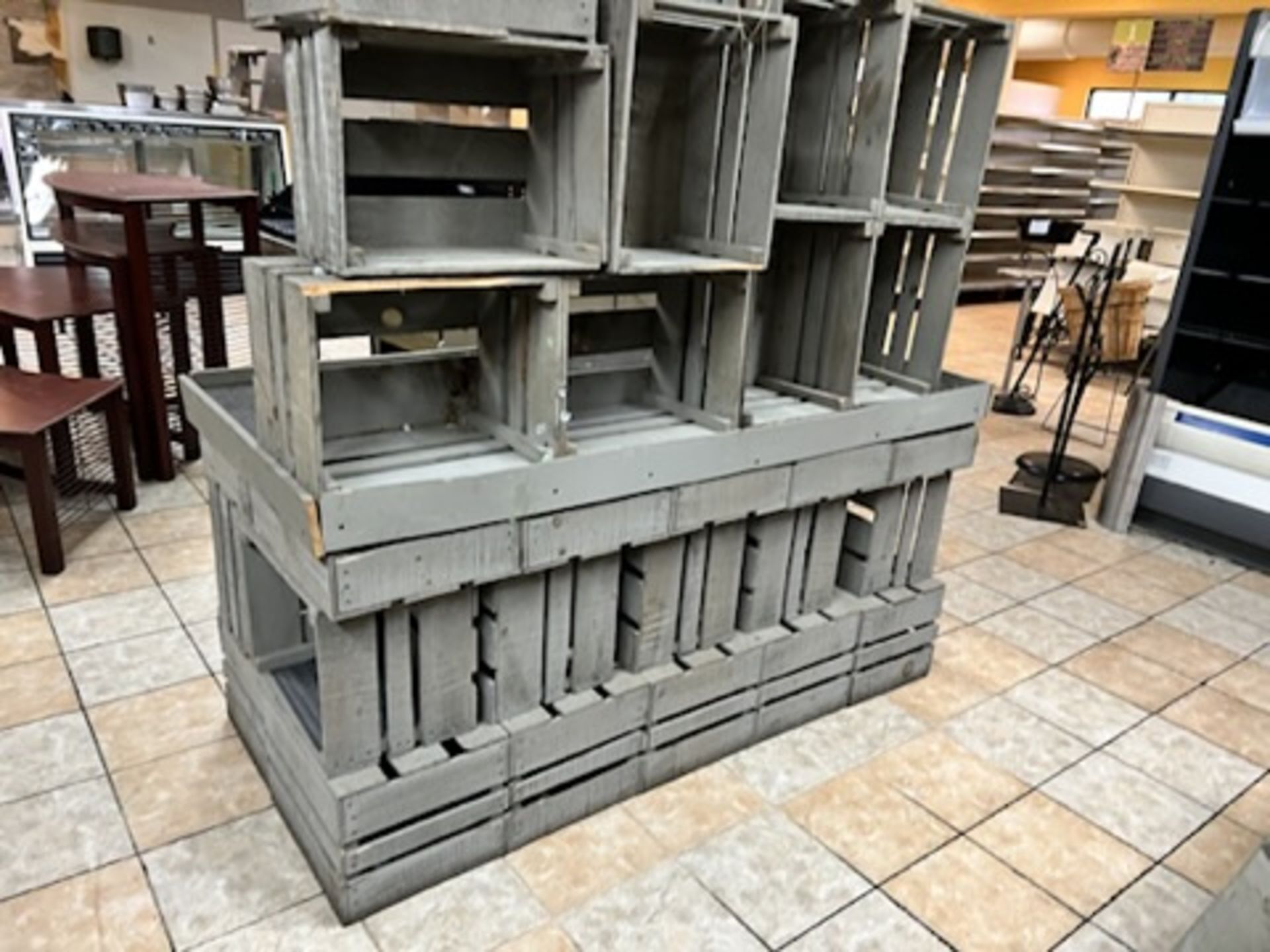 Grey wooden crate display 6’ Long X 33” Wide, X 35.5 “ Tall, w/ additional loose crates pictured. - Image 8 of 10