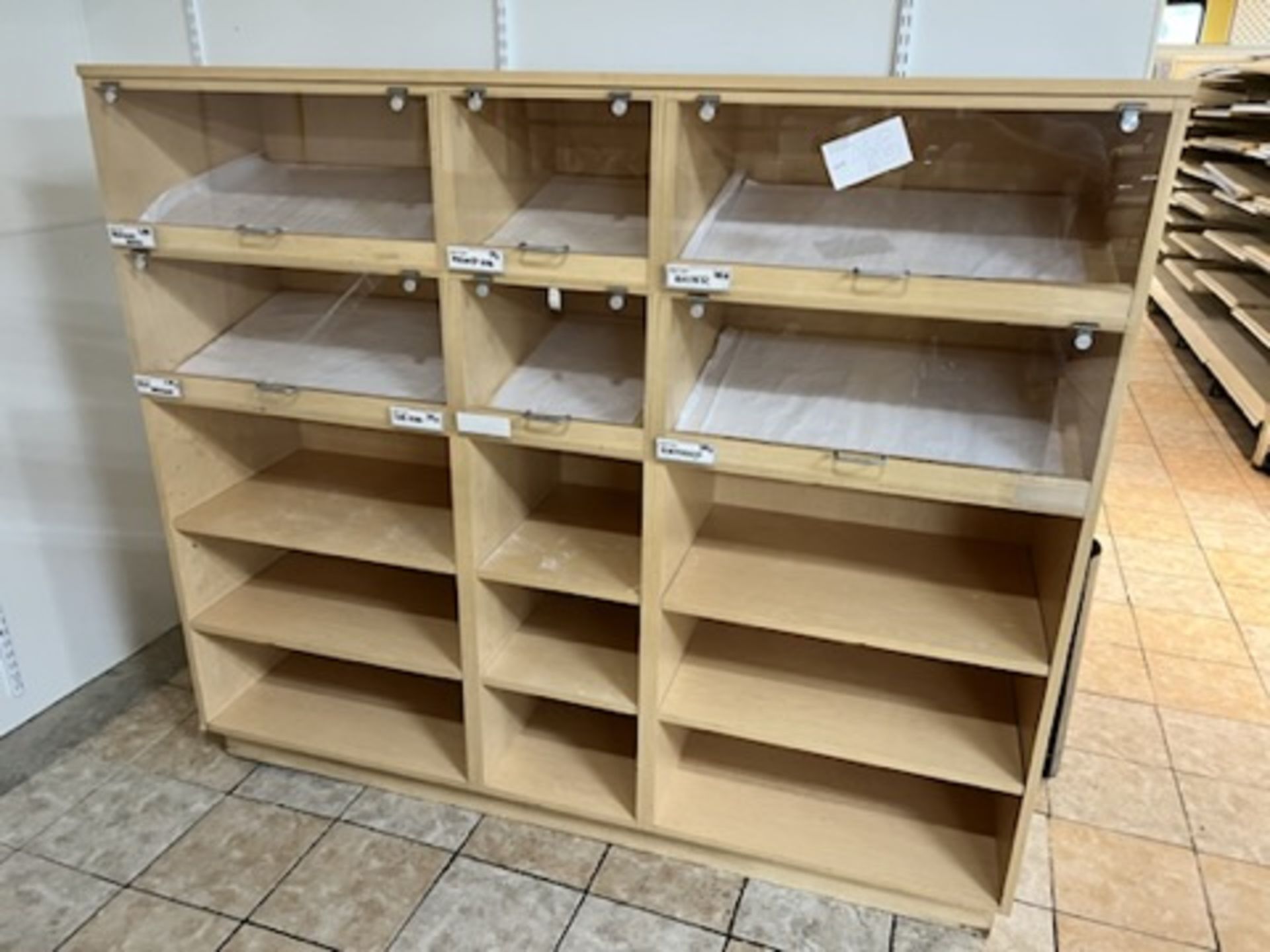 6’ Long X 62.5” X 20” wood shelving display w/ (6) plexiglass door fronts and (9) additional shelvi - Image 2 of 12