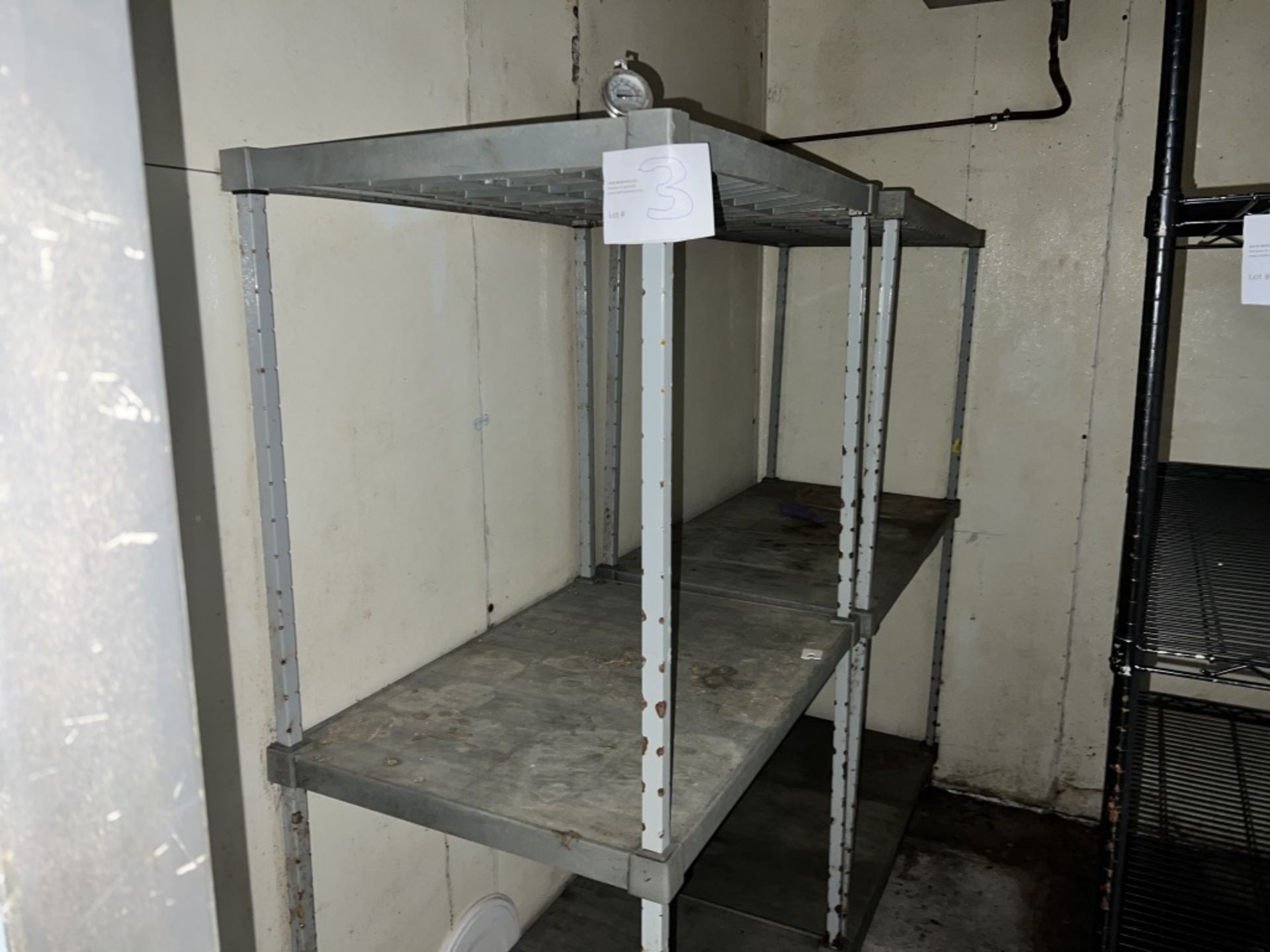 Lot of: (1) 3' wide, 3-tier metal shelving unit and (1) 4' wide, 3-tier metal shelving unit. - Image 4 of 5