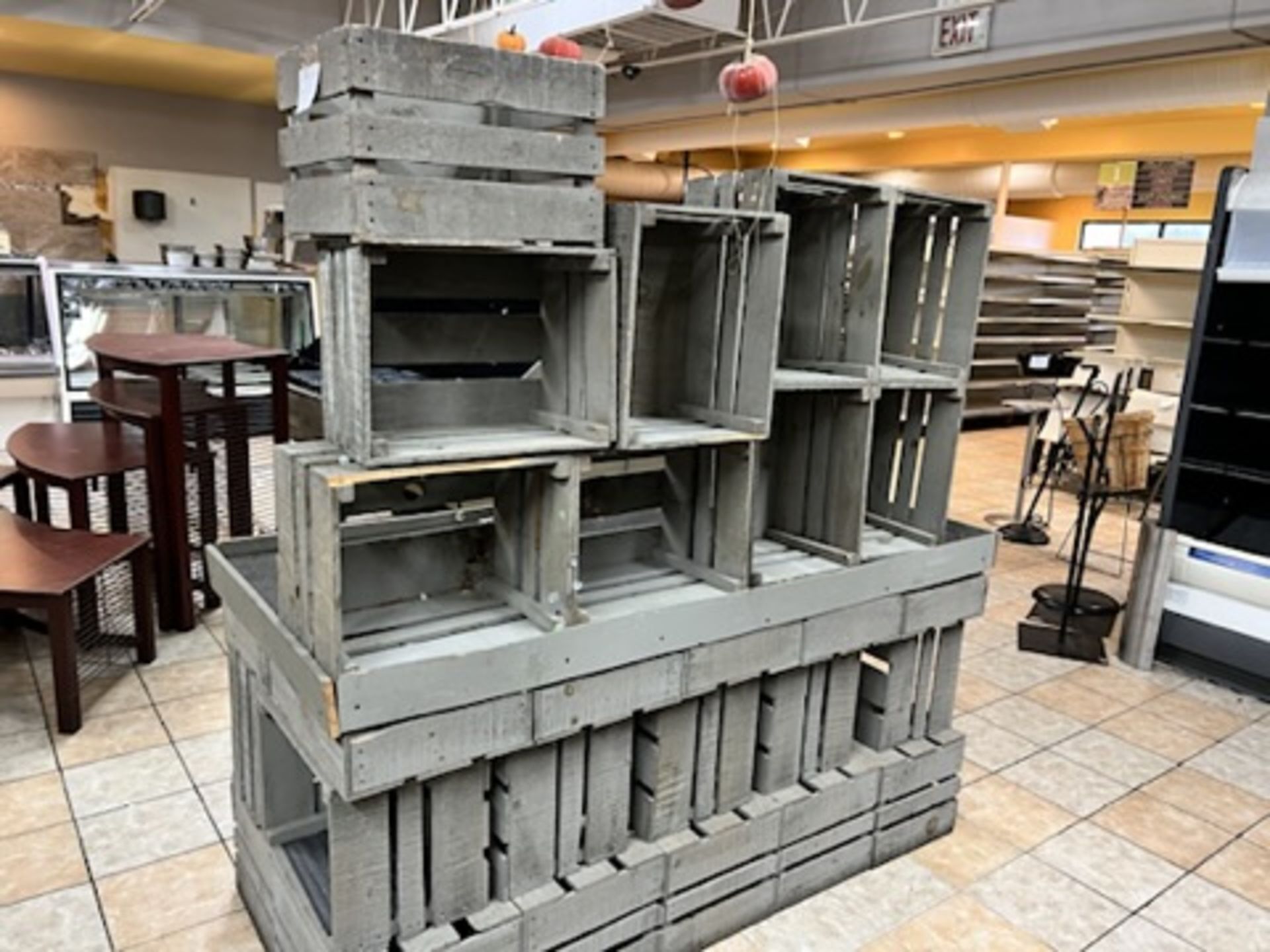 Grey wooden crate display 6’ Long X 33” Wide, X 35.5 “ Tall, w/ additional loose crates pictured. - Image 4 of 10