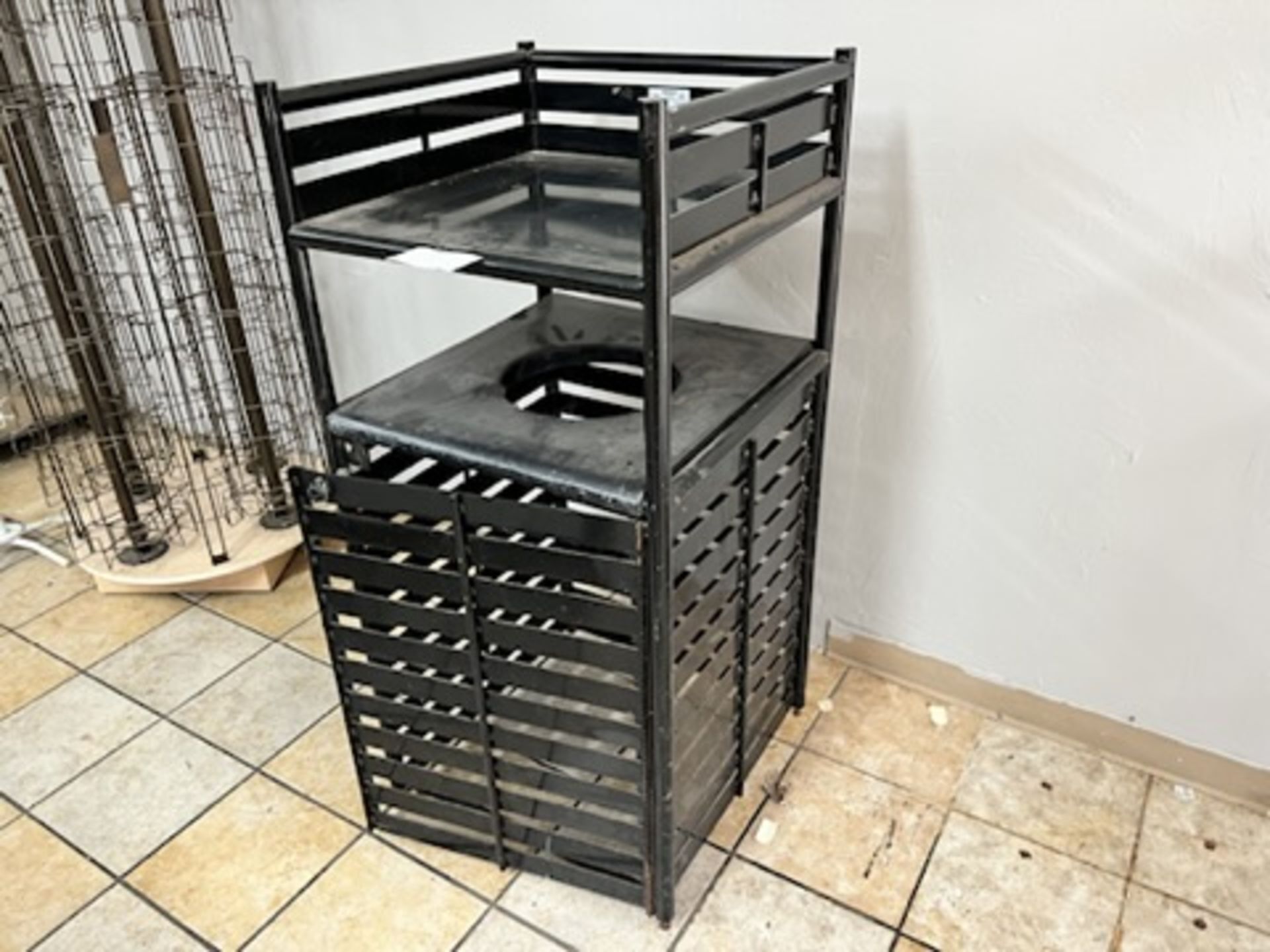 Garbage enclosure with upper tray shelf, 51” Tall X 24” Wide X 24.5” Deep
