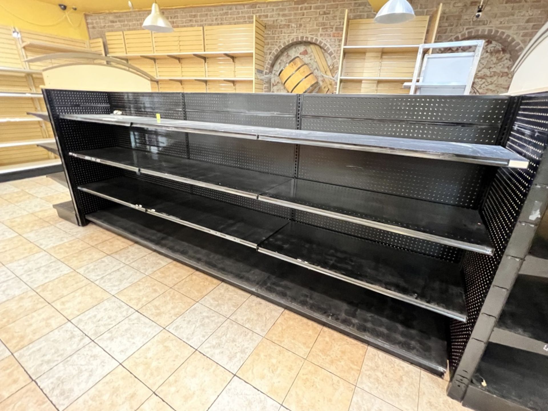 8 Section adjustable Gondola shelving system Approximately 195” Long X 50” Wide with 2 archways o - Image 4 of 12