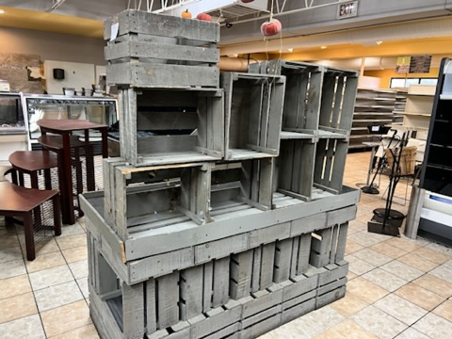 Grey wooden crate display 6’ Long X 33” Wide, X 35.5 “ Tall, w/ additional loose crates pictured. - Image 3 of 10