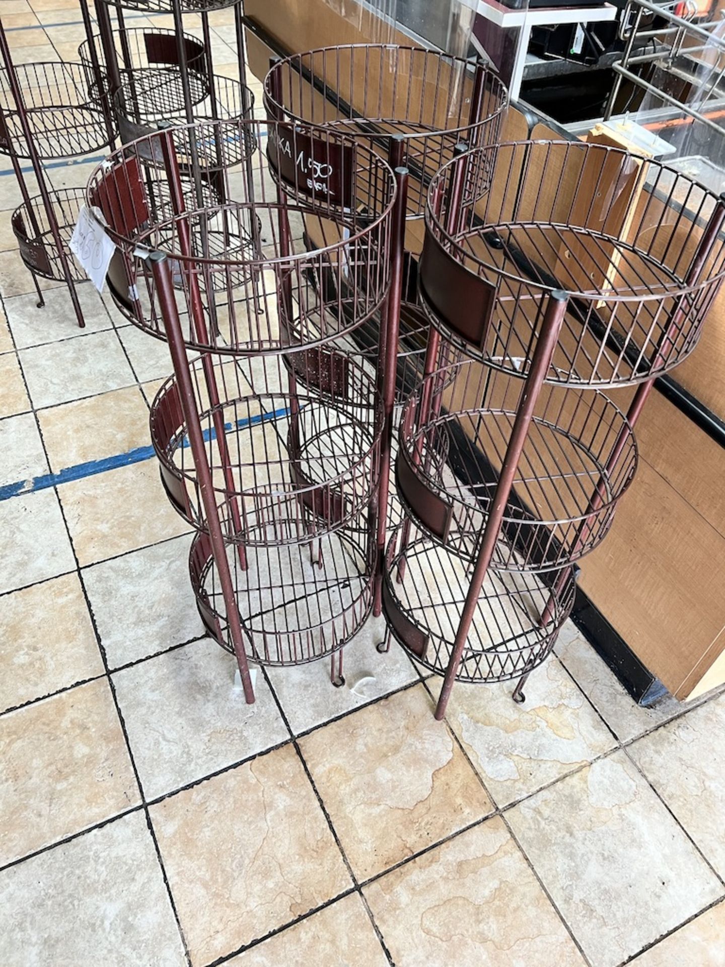 Lot of: (3) 3-tier round, brown metal shelving units 41" Tall X 15.25 Across