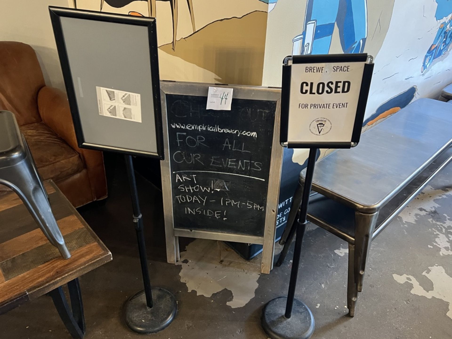 LOT OF: (1) 2-SIDED CHALKBOARD (SANDWICH BOARD) APPROXIMATELY 40" TALL, and (2) ADJUSTABLE SIGNAGE S