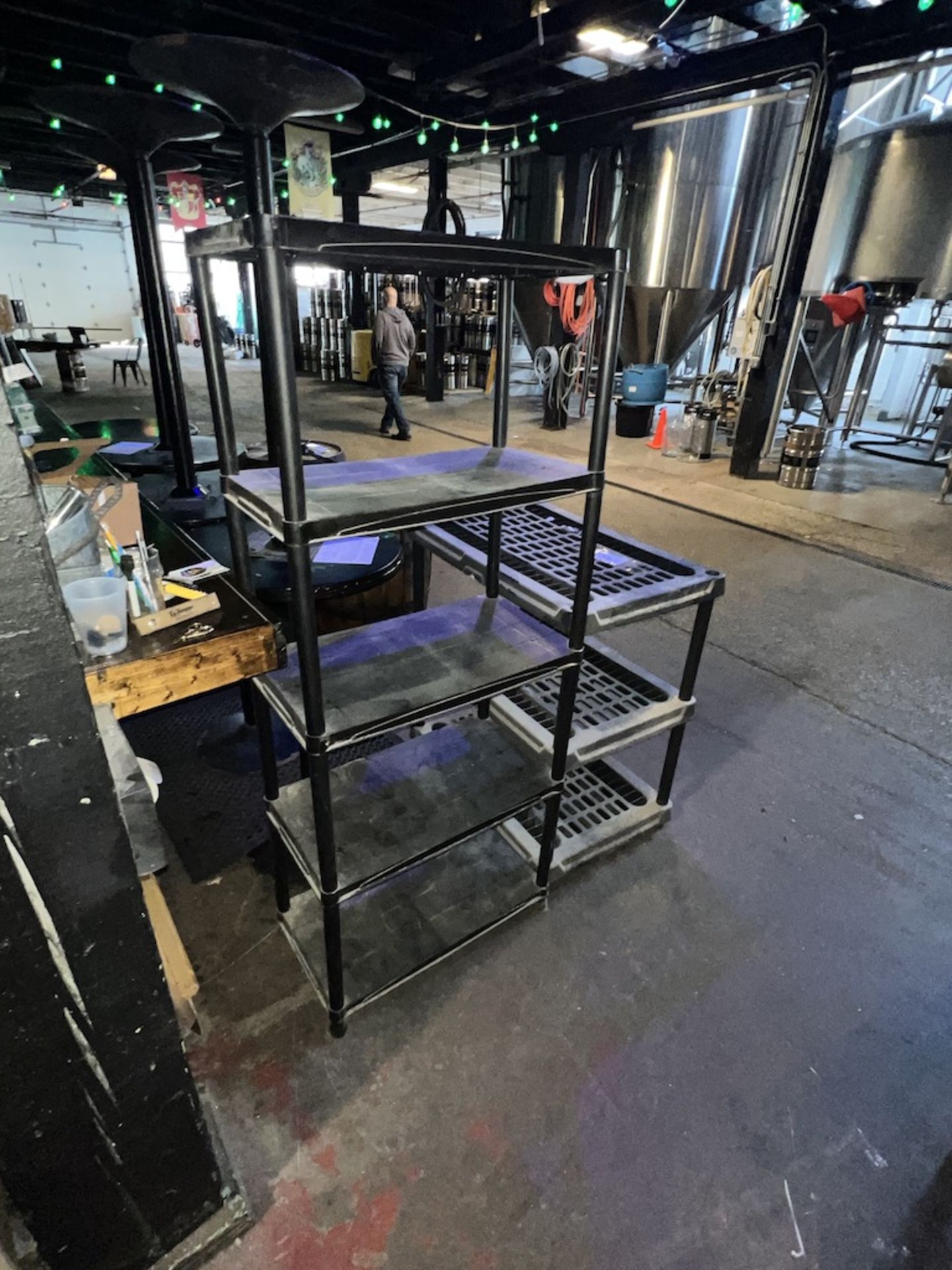 LOT OF: (1) 28" 5-TIER PLASTIC SHELVING UNIT, AND (1) 35" WIDE 3-TIER PLASTIC SHELVING