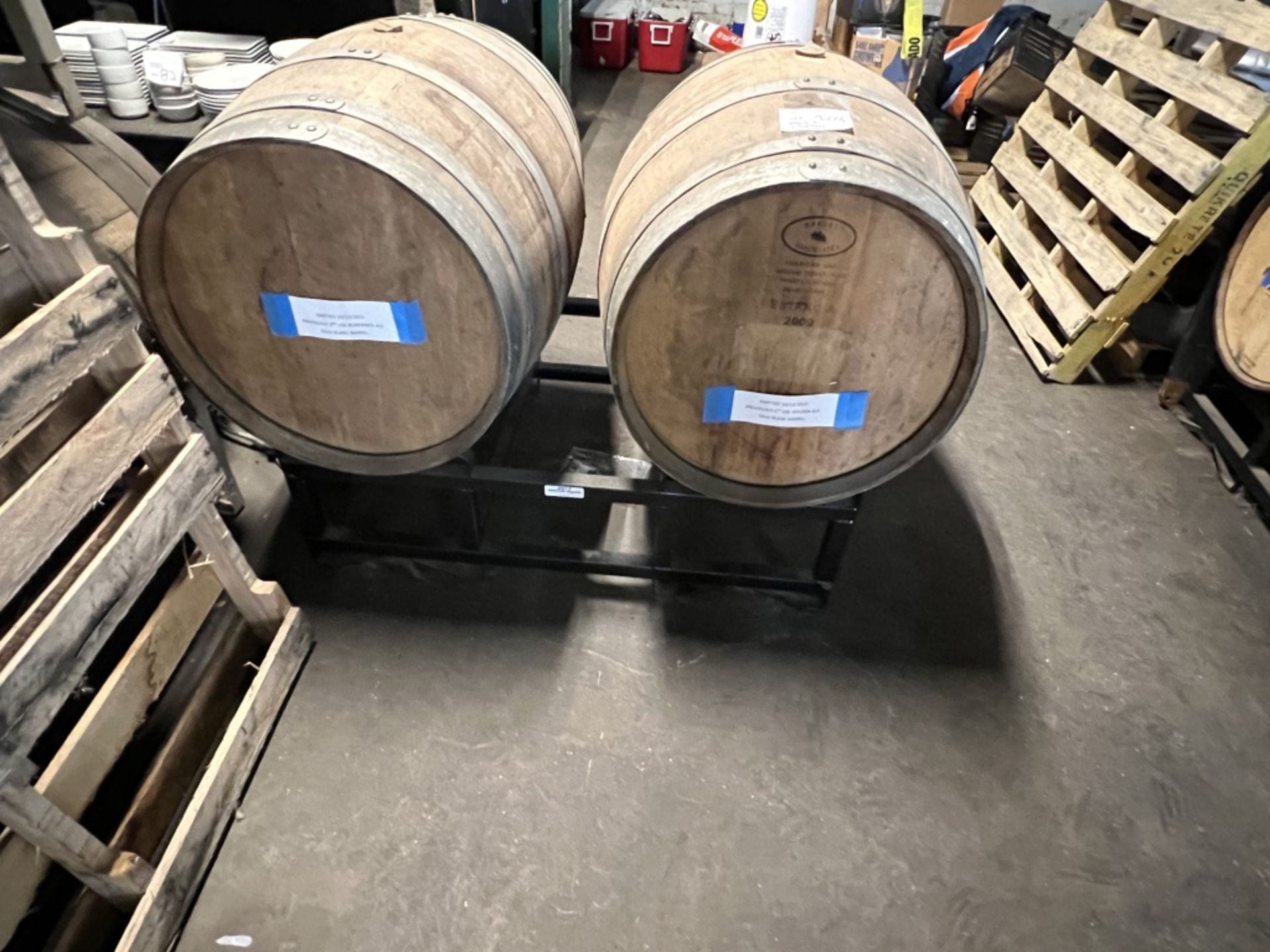 LOT OF (2) EMPTY OAK BEER BARRELS W/ METAL BARREL STAND