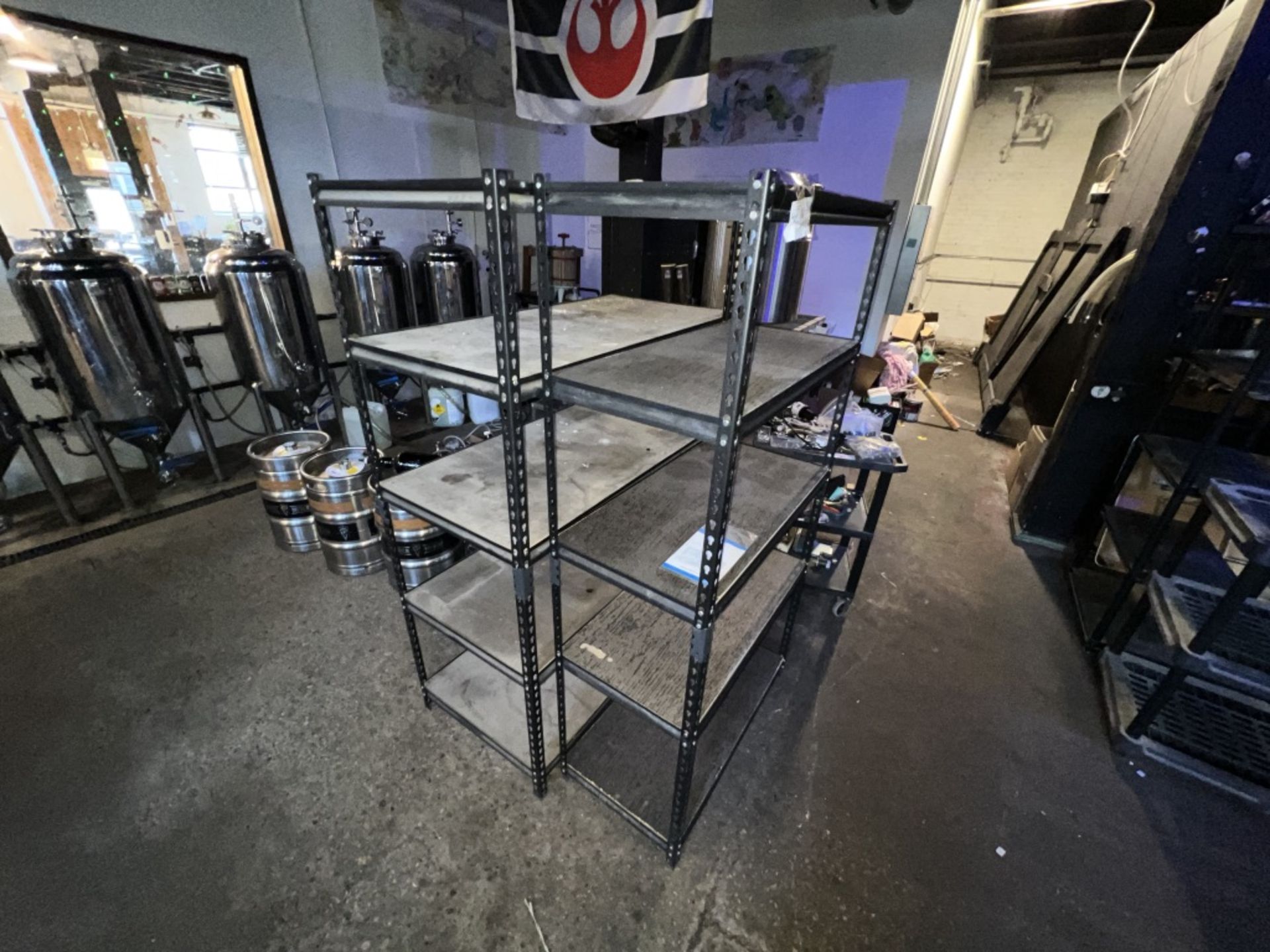 LOT OF: (1) 4' 5-TIER METAL FRAME SHELVING UNIT AND (1) 3' 5-TIER METAL FRAME SHELVING UNIT