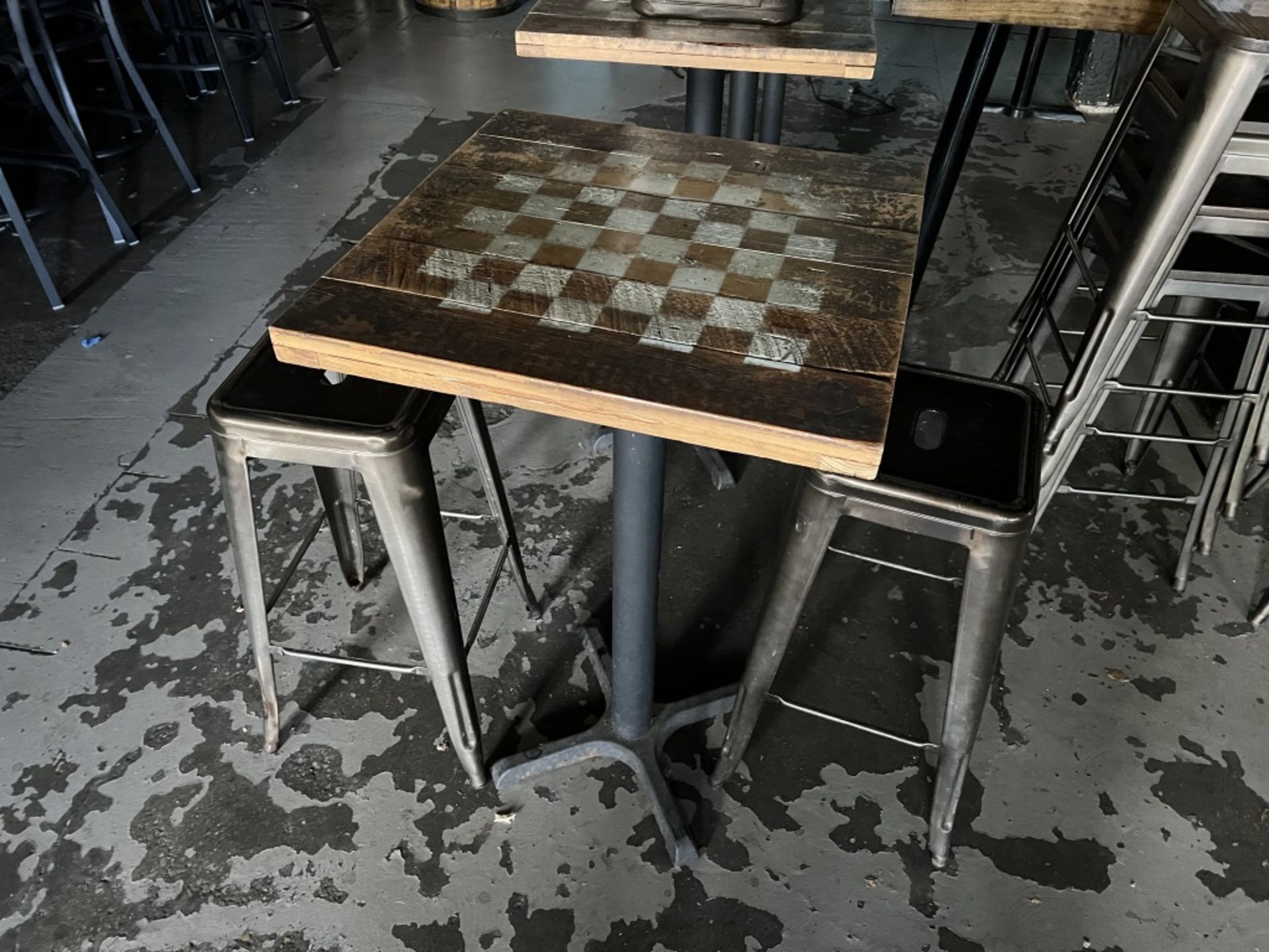 LOT OF: (1) 24" X 24" HI-TOP SQUARE TABLE WITH CHESS/CHECKERS LAYOUT AND (2) METAL STOOLS - Image 3 of 3