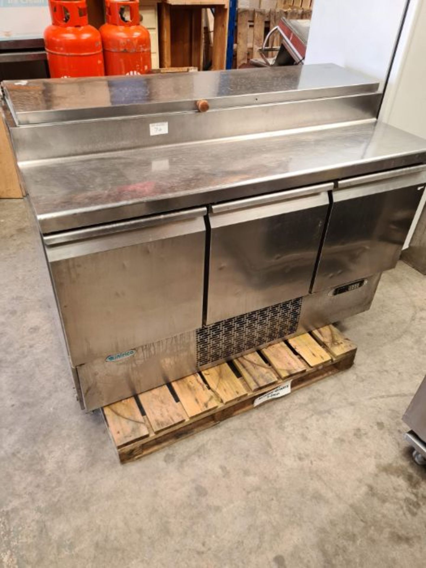 Infrico refrigerated pizza prep counter, 3 door, picking pot top.