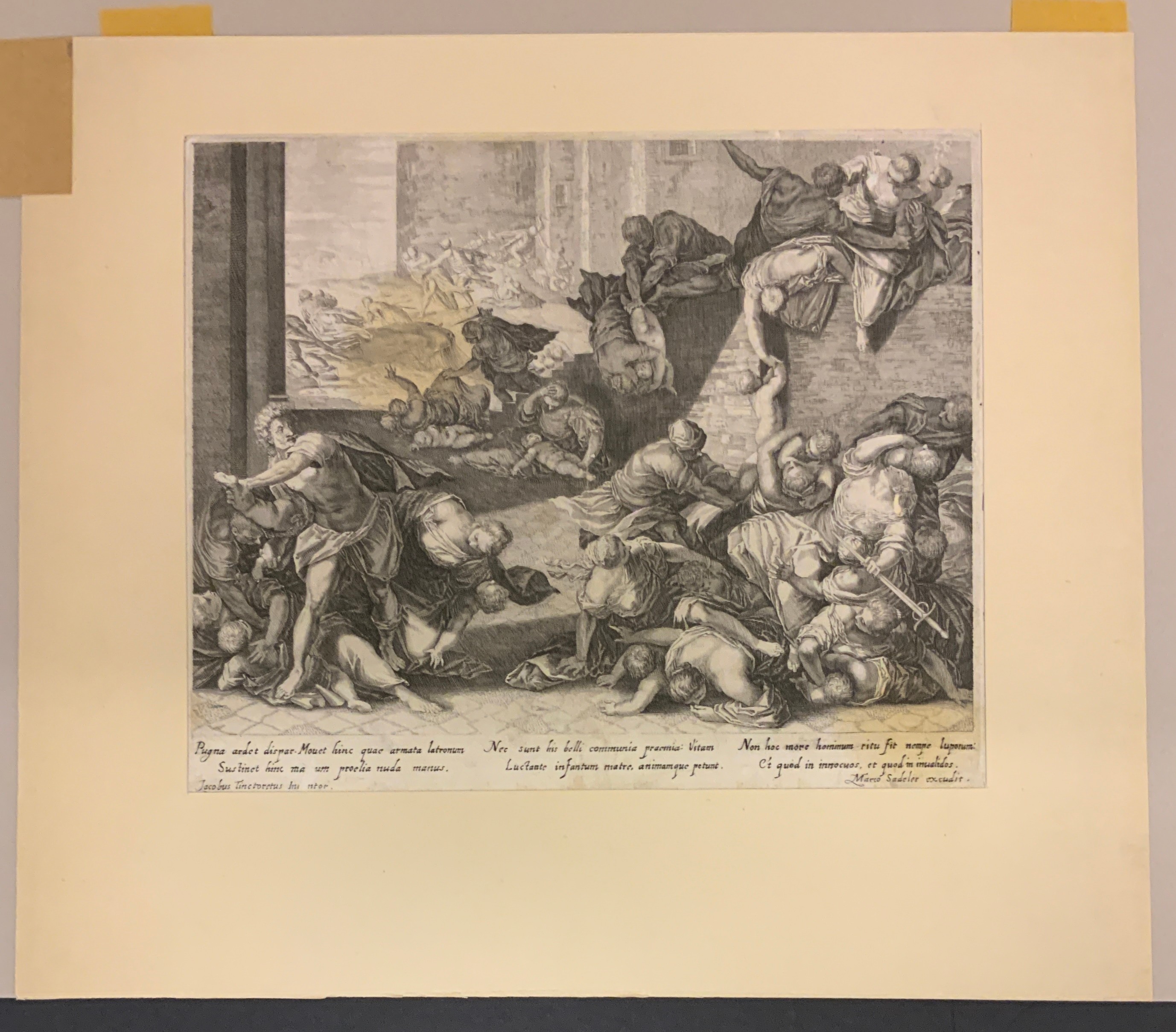 MOUNTED EARLY PRINT MARCUS SADELER / TINTORETTO MASSACRE OF THE INNOCENTS