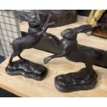 PAIR OF BRONZE BOXING HARES - 30 CMS (H)