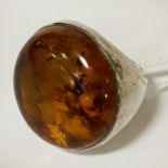 LARGE SILVER & AMBER RING - SIZE P