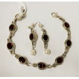 STERLING SILVER GEMSTONE GARNET & PEARL BRACELET & EARRINGS - 18 CMS LENGTH