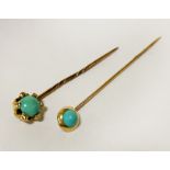 TWO 9CT GOLD TURQUOISE PIN BROOCHES - 1 HAS DIAMONDS