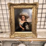 AFTER CHARLES BAXTER - YOUNG GIRL WITH A DOG FRAMED PAINTING - 40 X 29 CMS