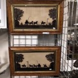 PAIR OF 20TH C WALNUT FRAMED PAINTINGS ON GLASS - COACH & HORSES APPROX 27CM (H) X 51CM (W)