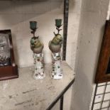 PAIR BRONZE & PORCELAIN PARROT CANDLESTICKS - APPROX. 36 CMS (H)