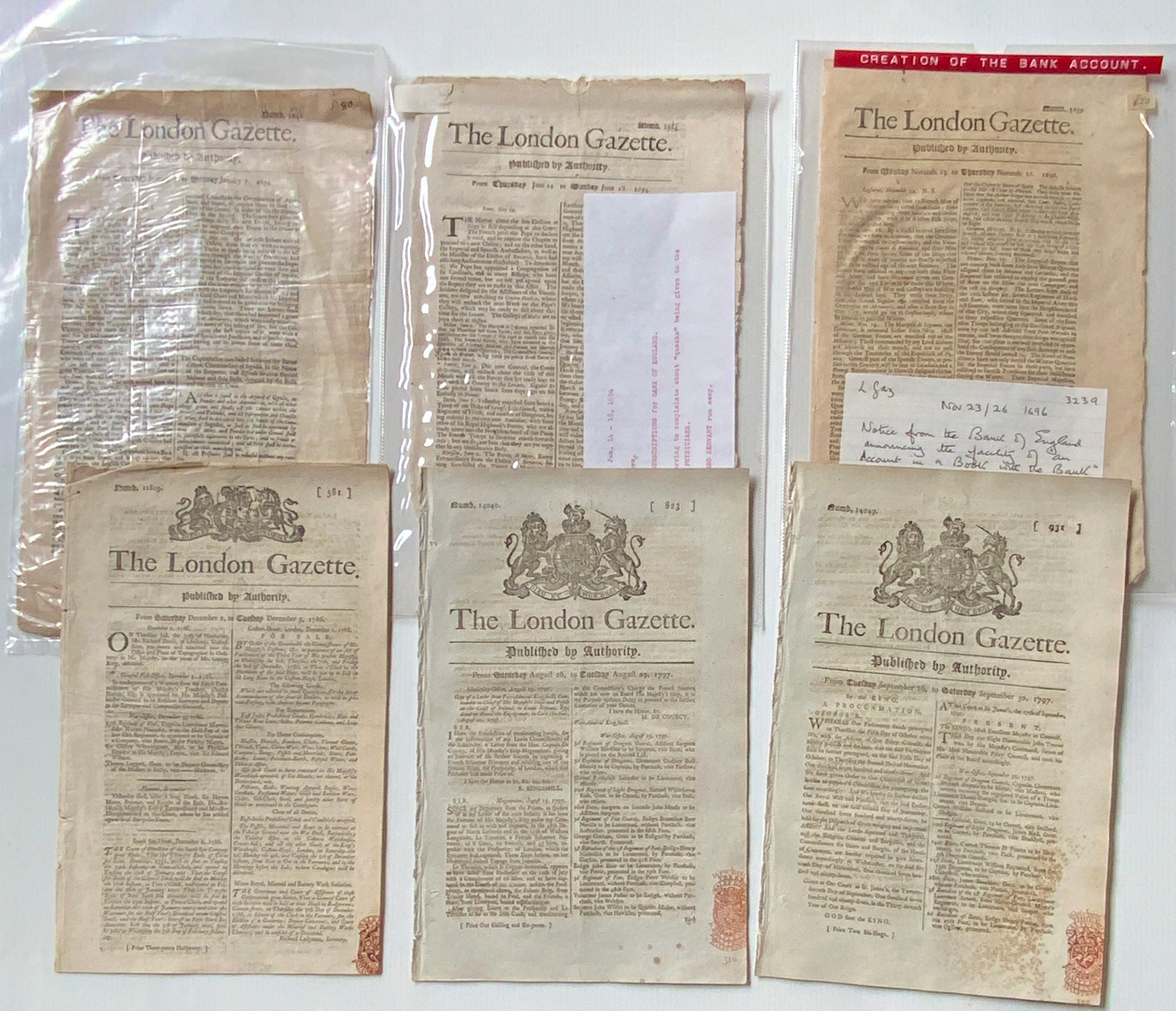 LONDON GAZETTES (6) JANUARY 7 1694 & JUNE 18 1694, 16961786, AUG. 29 1797 & SEPT. 30 1797