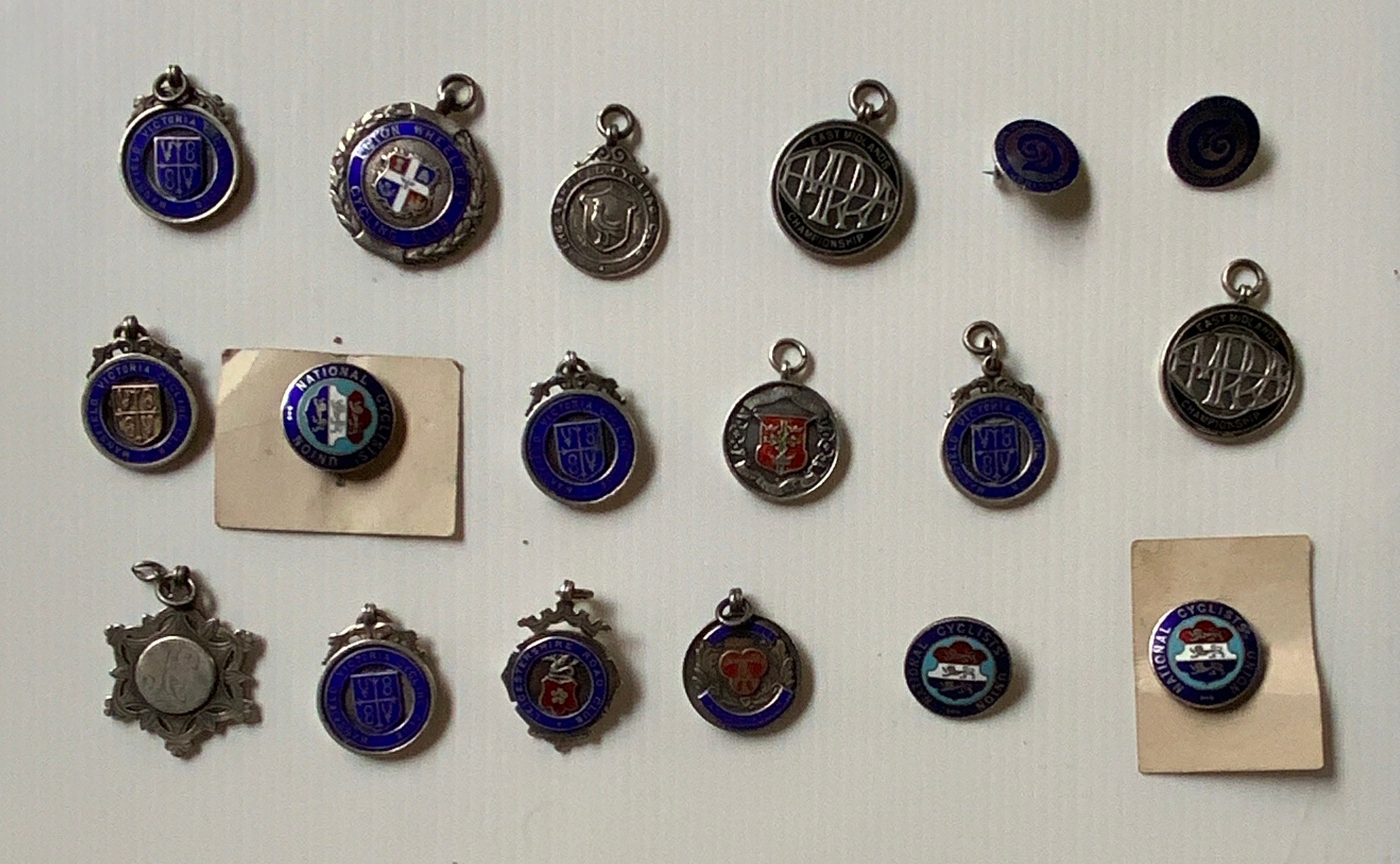 CYCLING MEDALS (13) SILVER & MOST ENAMELLED. CYCLING BADGES (5) SILVERED METAL & ENAMEL