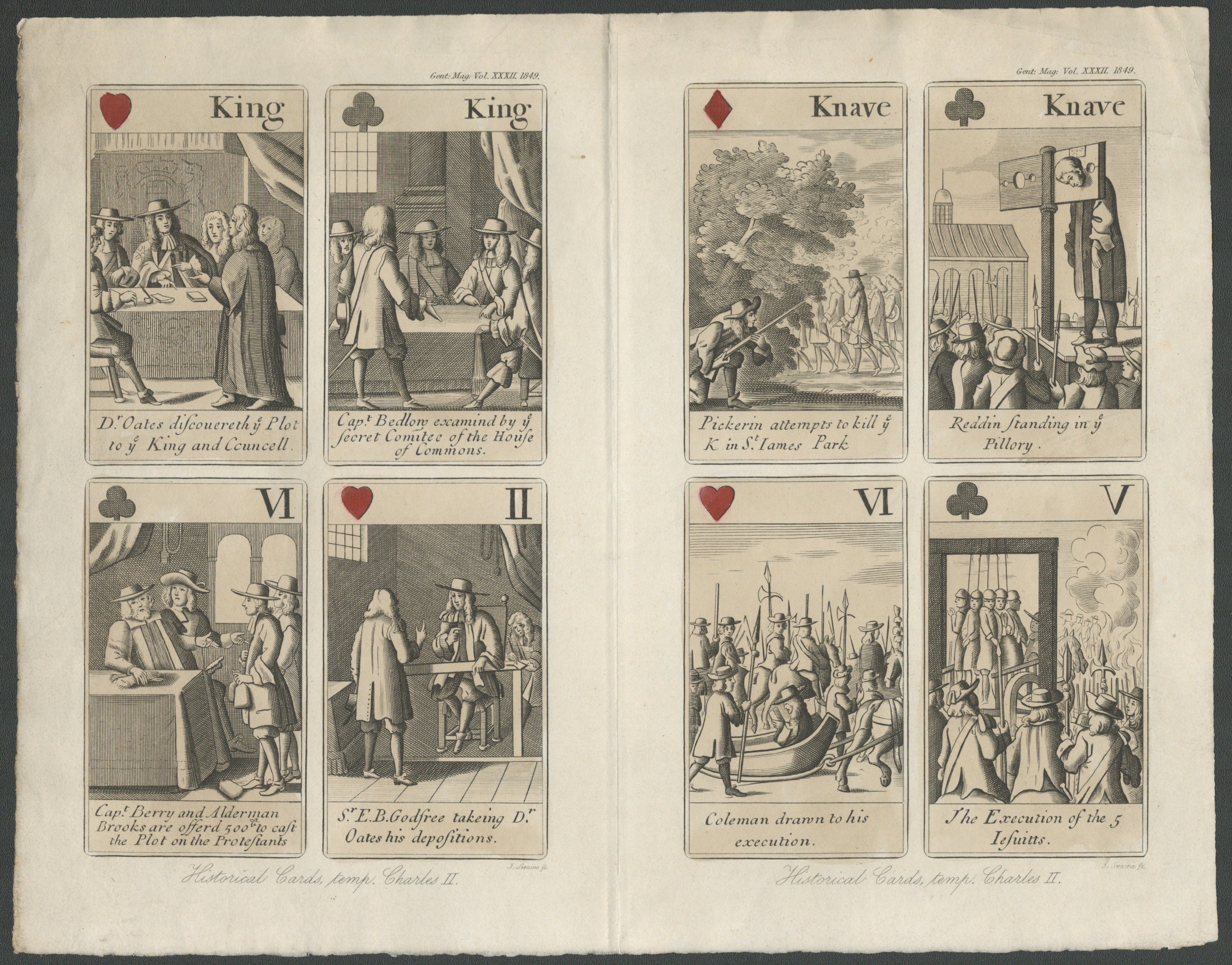 ENGRAVING OF HISTORICAL CARDS TEMP CHARLES II FROM GENT MAG VOL XXXII 1849 BY JOHN SWAINE 1775-1860 - Image 2 of 2