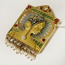 18CT SPANISH GOLD/DIAMOND/SEED PEARL & ENAMEL PENDANT POSSIBLY IN THE STYLE OF MASRIERA - 11.1 GRAMS
