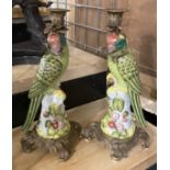 PAIR OF BRONZE & PORCELAIN GREEN PARROT CANDLESTICKS - APPROX 35 CMS (H)