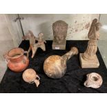 ANTIQUITIES SELECTION A/F (7 PIECES) HEAD ON STAND/WOMAN FIGURE ON STAND/VASE