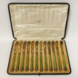 CASED HM SILVER 12 PIECE KNIFE SET WITH ENAMELLED HANDLES
