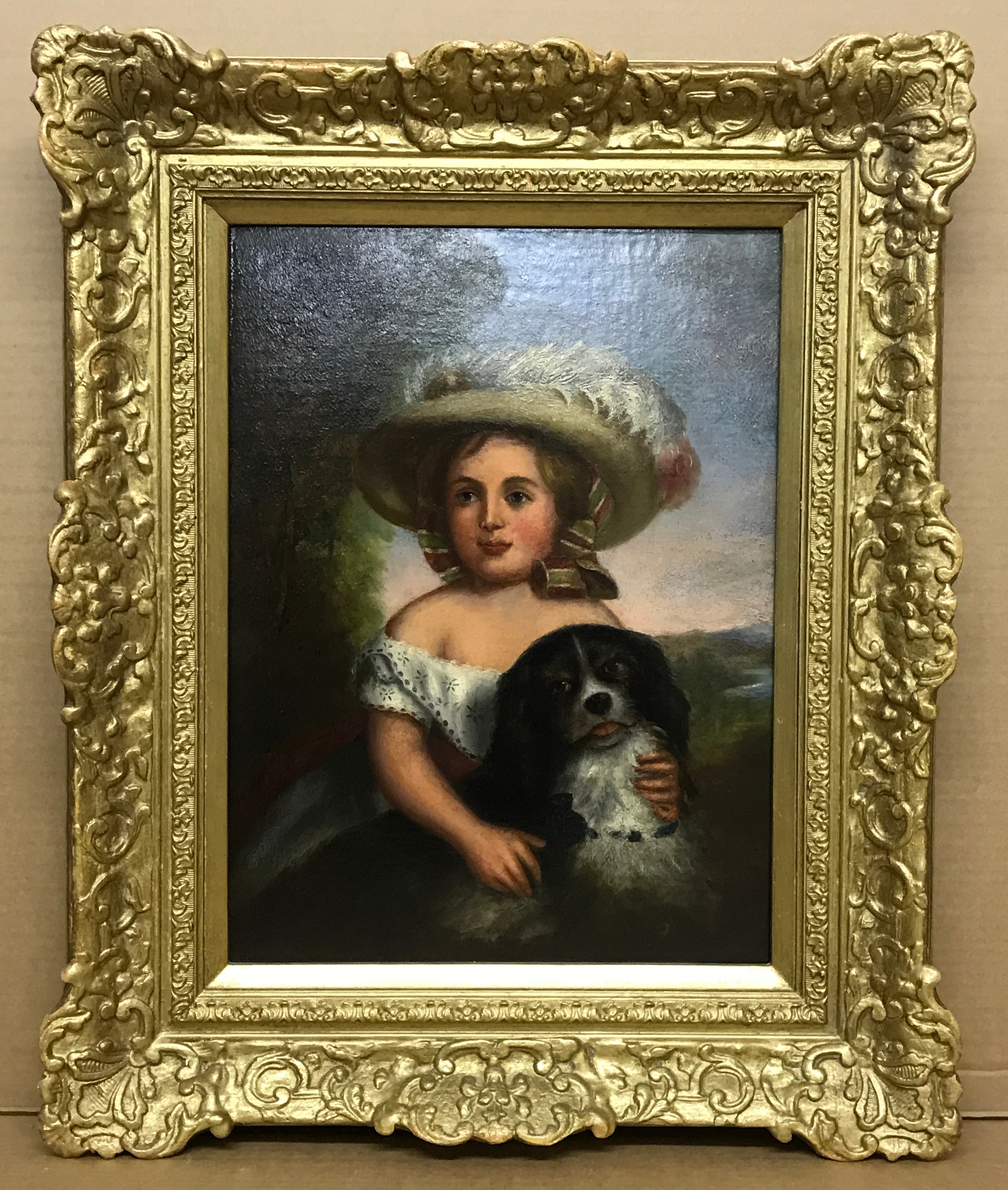 AFTER CHARLES BAXTER - YOUNG GIRL WITH A DOG FRAMED PAINTING - 40 X 29 CMS