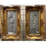 PAIR OF GILT FRAMED RELIEF PLAQUES DEPICTING NYMPHS & FAIRIES - MEDALIONS INSET INTO REVERSE