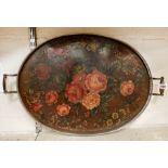 PAINTED FLORAL OVAL STERLING SILVER GALLERY TRAY