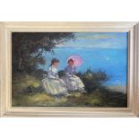 FRENCH SCHOOL C1900 OIL ON CANVAS - TWO YOUNG LADIES WITH VIEW - SIGNED - 27CM X 41CM - VERY GOOD