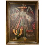 OIL ON CANVAS ON BOARD SPANISH MAN WITH RIFLE SIGNED IN GILT FRAME 134CM (H) X 100CM (W) CUZCO