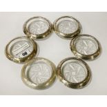 SET SIX STERLING SILVER & GLASS COASTERS