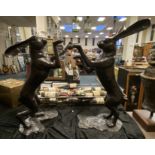 PAIR OF LARGE BRONZE BOXING HARES 85CMS (H) APPROX