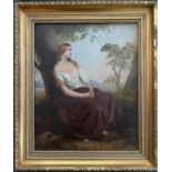 PRE-RAPHAELITE SCHOOL OIL ON CANVAS - WOMAN BY TREE - INDISTINCTLY SIGNED LOWER LEFT 30CM X 37CM -