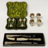 4 H/M SILVER EGG CUPS, H/M SILVER SPOONS, SUGAR TONGS SET IN CASE & SILVER HANDLED BBQ SET