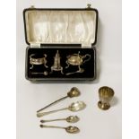 HALLMARKED SILVER CONDEMENT SET WITH FOUR SILVER SPOONS & SILVER EGG CUP