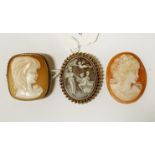 2 9CT CAMEO BROOCHES WITH ANOTHER LOOSE CAMEO