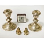 TWO SILVER SALTS WITH TWO SILVER CANDLESTICKS & A SILVER CLOCK