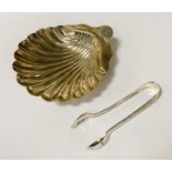 H/M SILVER SHELL DISH & SUGAR TONGS - 2 ozs APPROX