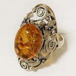 STERLING SILVER AMBER RING - SIZE P