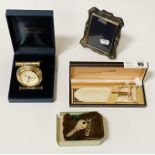 STERLING SILVER PHOTO FRAME WITH SILVER KEY, SHEAFFER BOXED PEN WITH A DAWEY TRAVEL CLOCK