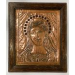 EARLY EUROPEAN RELIGIOUS COPPER RELIEF PLAQUE WITH SEMI PRECIOUS JEWELS IN OAK FRAME