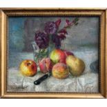 Gabriel Charles Deneux (1856-1926). Oil on board. “Still Life of Fruits and Flowers on a Table”.